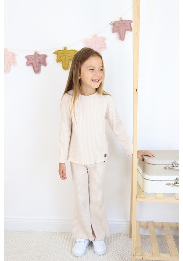 Kız Çocuk İspanyol Paça Fitilli Kumaş Pamuklu Takım Ekru