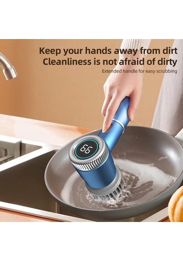 Qingmipy "5 Başlıklı Şarjlı Elektrikli Temizleme Fırçası - Su Geçirmez, 3 Hız Ayarlı, Dijital Ekranlı" Mavi