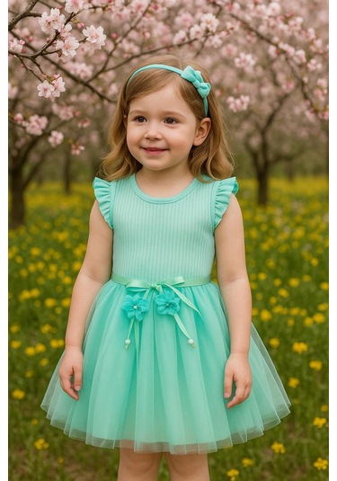 Kız Çocuk Yeşil Fırfırlı Tül Etekli Özel Gün Doğum Günü Günlük Prenses Sevimli Şık Elbise Yeşil