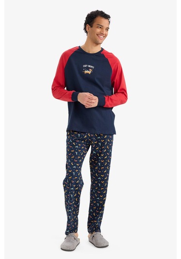 Defacto Pijama Takımı Regular Fit Baskılı Uzun Kollu Üst Uzun Alt G2905ax25wnnv135 Lacivert-nv135