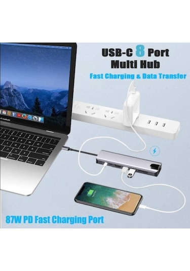 Grc Accessory 8 in 1 4K Type C USB 3.0 Hub HDMI RJ45 SDTF Adaptörü