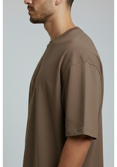 Allunique Erkek Pamuklu Oversize Bisiklet Yaka Kahverengi T-shirt