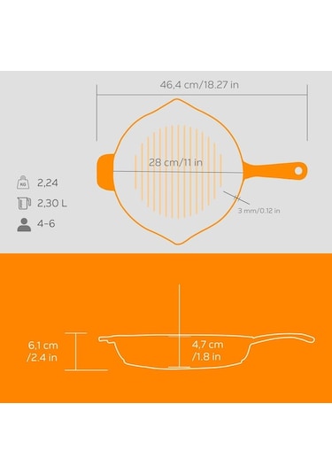 Lava Döküm Yuvarlak Izgara Tavası Döküm Demir Yekpare Saplı Edition Serisi Çap Ø 28cm Turuncu