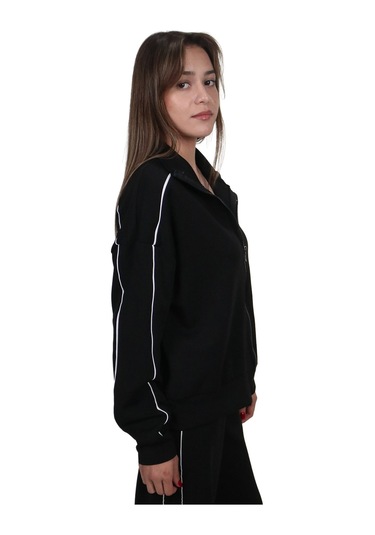 Kadın Modal Kumaş Kontrast Detaylı Rahat Kalıp Siyah Ceket Hırka Lacivert