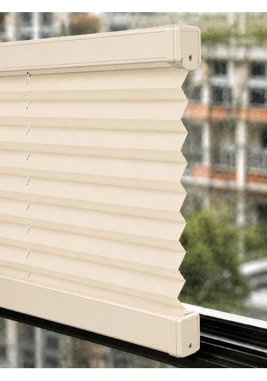 Plise Perde Krem Kumaş + Krem Profil Kasa Cam Balkon Perdesi