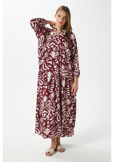 Prive Kadın Showy Bordo %100 Viskon Maksi Boy Elbise Bordo - Krem