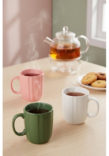 Rüzgar Seramik Kupa 3'lü Set Pembe Yeşil Beyaz Kahve Çay Kupası 300 Ml 10 Cm Renkli