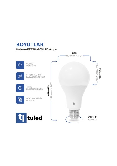 Redeem A80s E27 Led Ampul, Titreşimsiz, Göz Konforu, 1309 Lümen, Sıcak Beyaz, 2700 Kelvin