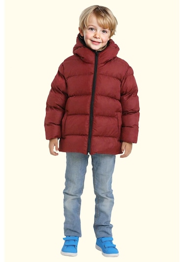 Erkek Çocuk Polarlı Kapüşonlu Su Geçirmez Rüzgara Dayanıklı Şişme Kışlık Mont Bordo