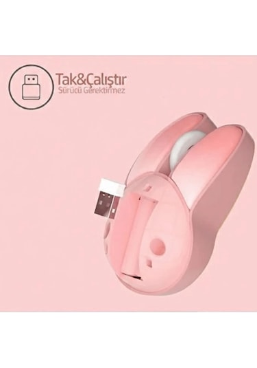 Tavşan Figürlü Kablosuz Mouse Pil Dahil Etiket Hediyeli Pembe