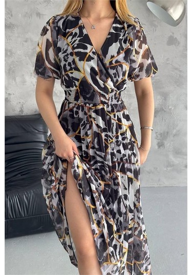 Neşeli Butik Kadın Siyah Kruvaze Yaka Desenli Şifon Elbise Nbq001 Siyah