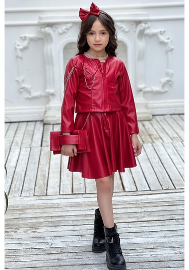 Riccotarz Kız Çocuk Zincir Detaylı Ceket Beli Manşetli Etek Ve Croplu Kırmızı Etekli Takım Kırmızı