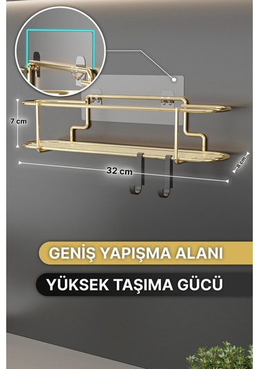 Bino Baharatlık Lüks Metal Gold Mutfak Rafı Banyo Rafı Yapışkanlı Kancalı Şık Tasarım Tuzluk Askılık Çok Renkli