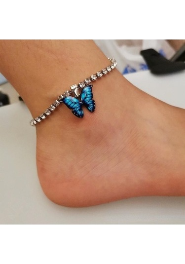 Novahub Gümüş & Mavi Kelebek Zincir Plaj Halhal Bilezik Charm Kadın Ayak Bileği Çizmeler Takı Gümüş