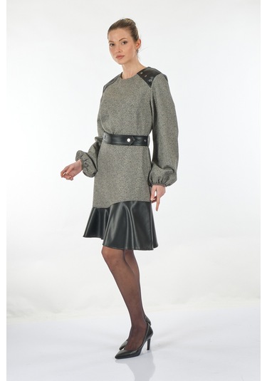 Unique Mode Yuvarlak Yaka Deri Detaylı Siyah Kadın Elbise Uw23350 001