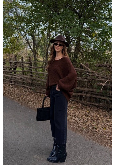 Kahverengi Kayık Yaka Kazak - 4338 Kahverengi