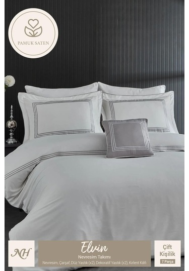 Nazik Saten Nevresim Takımı Çift Kişilik Biyeli Elvin Krem Vizon Diğer