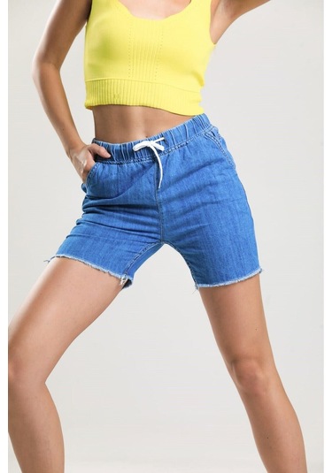 Pass&Pass 2080 Kadın Püsküllü Paça Jeans Denim Kot Şort Mavi