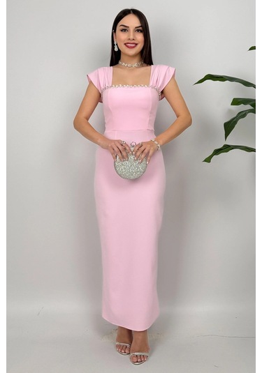 Valentia Madonna Yaka Taş İşlemeli Kalem Pembe Abiye Elbise, Zarif Davet Elbisesi Pembe