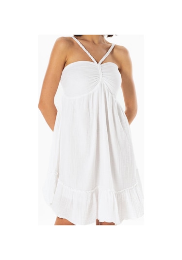 Alanya Boyundan Bağlamalı Kısa Yazlık Müslin Elbise Beyaz Byz-beyaz