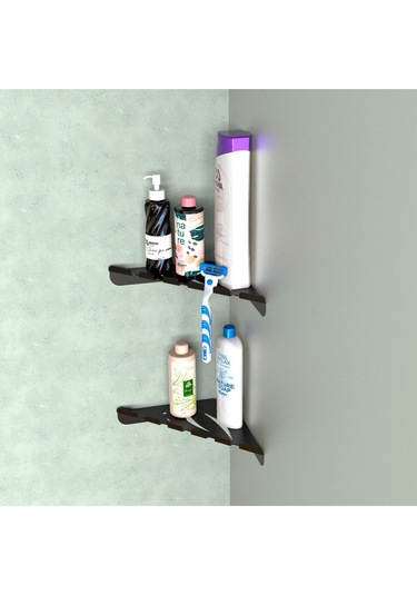 Metal Banyo Köşe Rafı İkili Çift Katlı Modern Duş Köşeliği Siyah Vidalı Siyah