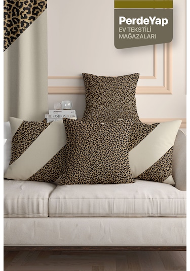 Leopar Desenli 4'lü Dijital Baskılı Kırlent Kılıfı 43 X 43 Cm Bej