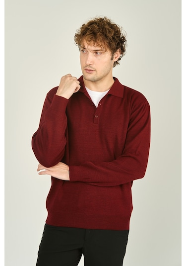 Ateş Triko Erkek Polo Yaka Düğmeli Yün Kazak 6091023 D.bordo D.bordo Bordo