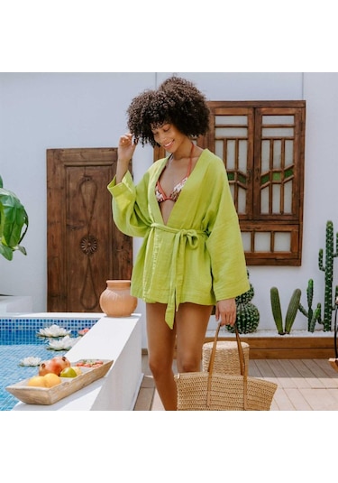Miespiga Pamuklu Dokuma Beli Kuşaklı Mini Kadın Kimono Kaftan - Standart Yeşil