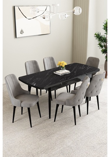 Mabel Siyah Mermer Desen 80x132 Açılabilir Yemek Odası Takımı 6 Adet Sandalye Gri