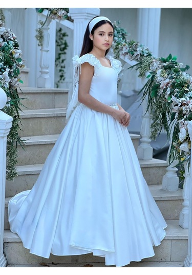 Prenses Çiçek Detaylı Tarlatanlı Beyaz Abiye Elbise Beyaz