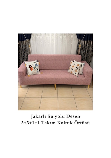 Su Yolu Koltuk Örtüsü, Koltuk Kılıfı, Lastikli 3+3+1+1 Pembe Pembe