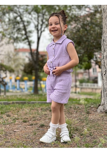 Kız Çocuk Müslin Gömlekli Şortlu Takım Mavi