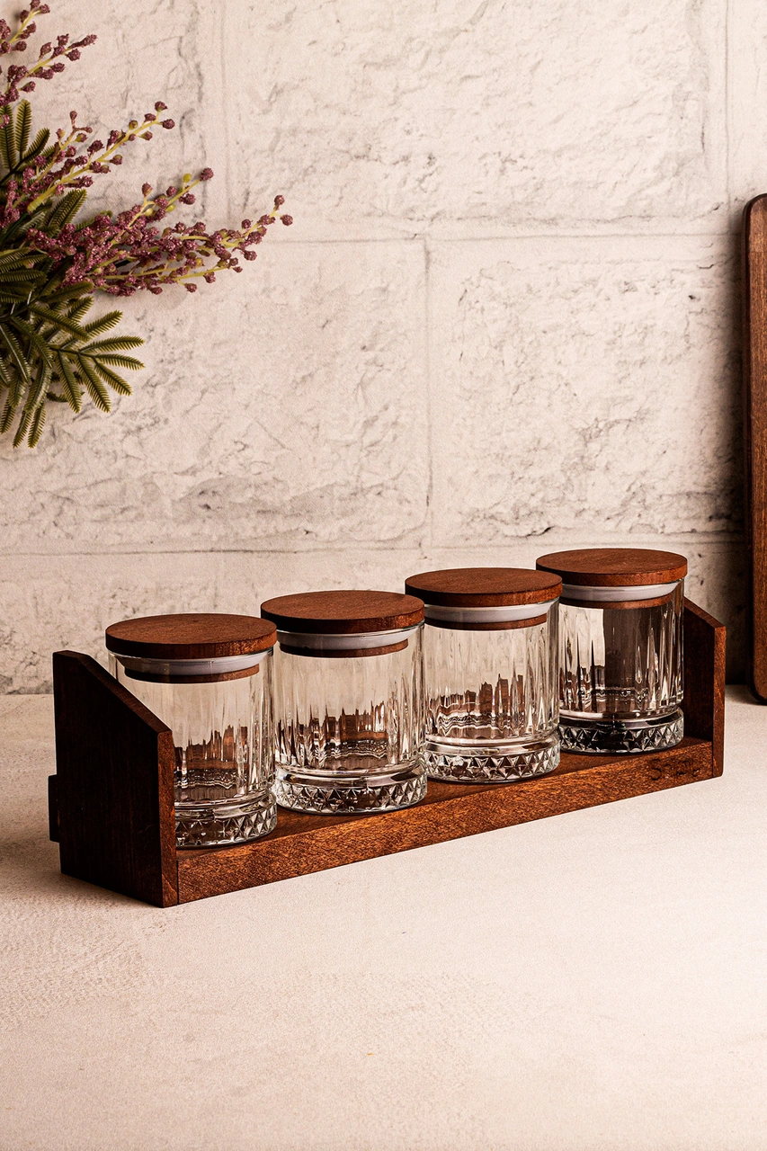 Mira Küçük - Standlı 4'lü Vakumlu Ahşap Kapaklı Cam Baharatlık Takımı Saklama Kabı Seti 210 Ml Ahşap