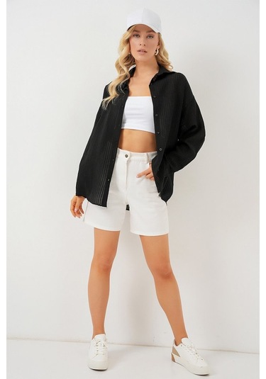 Gülsüm Aydın Uzun Oversize Gömlek 20320 - Siyah Siyah