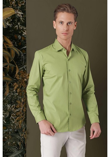 Gk 709 Slim Fit Açık Yeşil Klasik Gömlek Yeşil