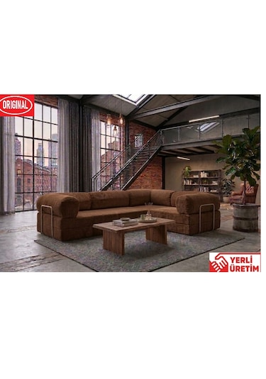 Herev Max 300x200 Kk Köşe Koltuk Takımı / Fitilli Kadife Kumaşlı Şark Köşe Acı Kahve