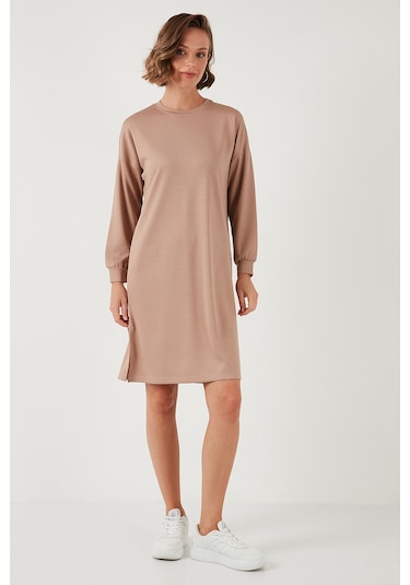 Lela Modest Oysho Kumaş Relaxed Fit Yırtmaçlı Bayan Tunik 5865878 Bisküvi