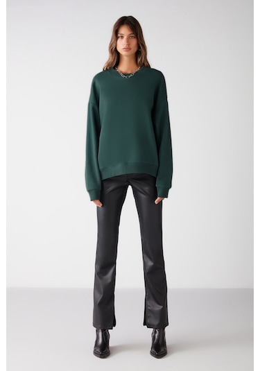 Susana Kadın Bisiklet Yaka Içi Polarlı Oversize Fit Basic Koyu Yeşil Sweatshirt