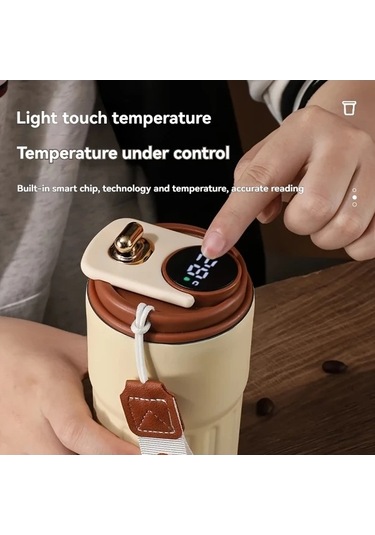 Trendooze Sunshine022 Kahverengi Çok Renkli Çizgili 472ml Paslanmaz Çelik Seyahat Termosu Dijital Sıcaklık Ekranlı Bpa İçermez Kahverengi