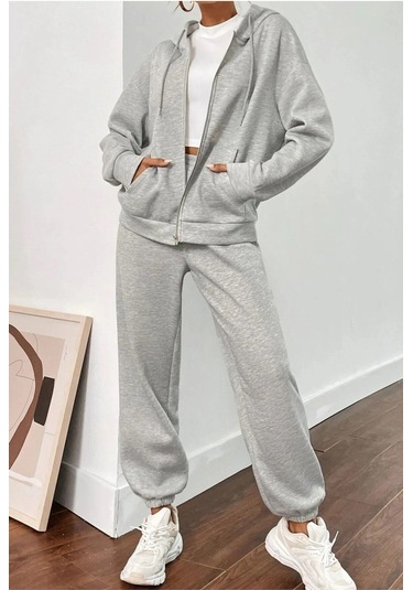 Hırsch Unisex Gri Oversize Alt Üst 2'li Eşofman Hırka Takım Gri