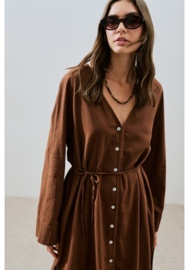 Dokulu Düğmeli Uzun Tunik Kahverengi Kahverengi