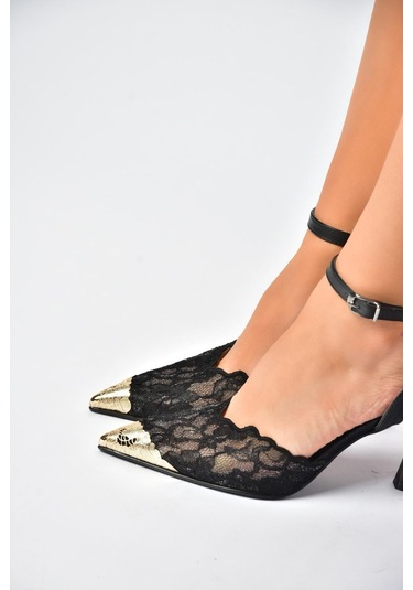 Fox Shoes Y752082806 Siyah Dantel İnce Topuklu Kadın Ayakkabı