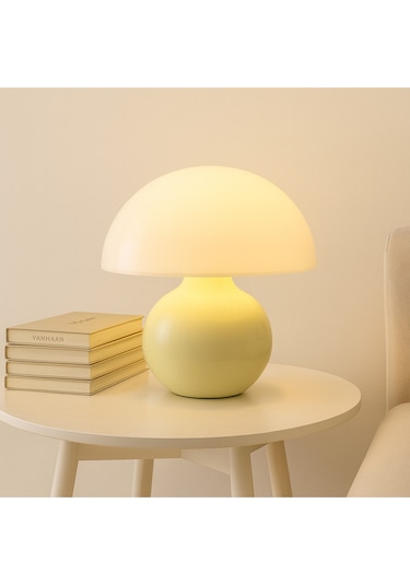 Modern Burhi Abajur Krem Mantar Masa Lambası Metal Şapka Metal Gövde Krem