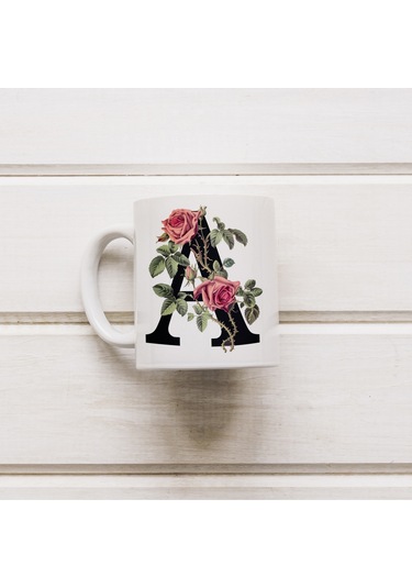 A Baş Harf Kırmızı Güller İle Sarılı Bardak 330 Ml Kişiye Özel Çiçekli Hediye Beyaz