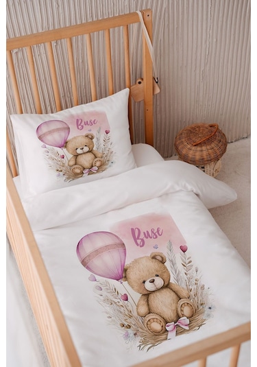 %100 Pamuk Saten Isme Özel Isimli 100x150 Bebek Yatak Nevresim Seti Ayıcık 6