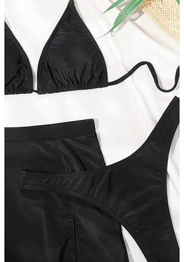 Angelsin Deniz Etekli 3 Lü Bikini Takım Çıkartılabilir Kaplı Siyah