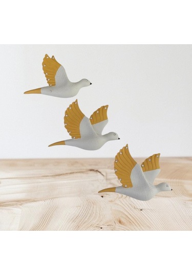 Dekoratif Üçlü Kumru Kuş Duvar Dekoru Süs Sarı Renk 3 Lü Set