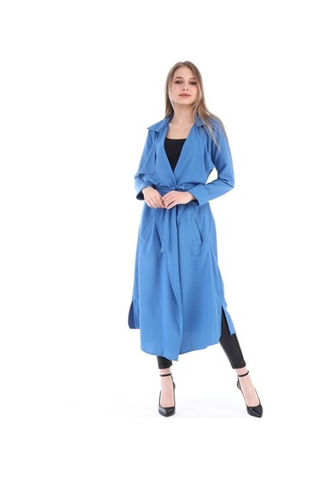 Apoletli Yanları Yırtmaçlı Kuşaklı Uzun Indigo Kadın Ceket