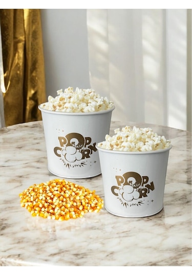 Toptanfoni Metal Popcorn Kutusu - Patlamış Mısır Kovası 2 Adet Beyaz