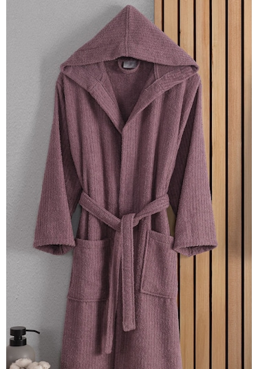 Güvenal Eos Unisex Pamuk Çizgili Kapüşonlu Bornoz Çeyiz Bornoz Seti Sabahlık Hediyelik 11 Mürdüm